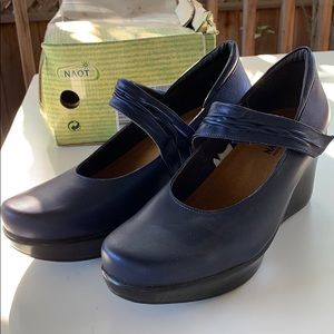 Navy metallic leather “Mary Jane” style wedges